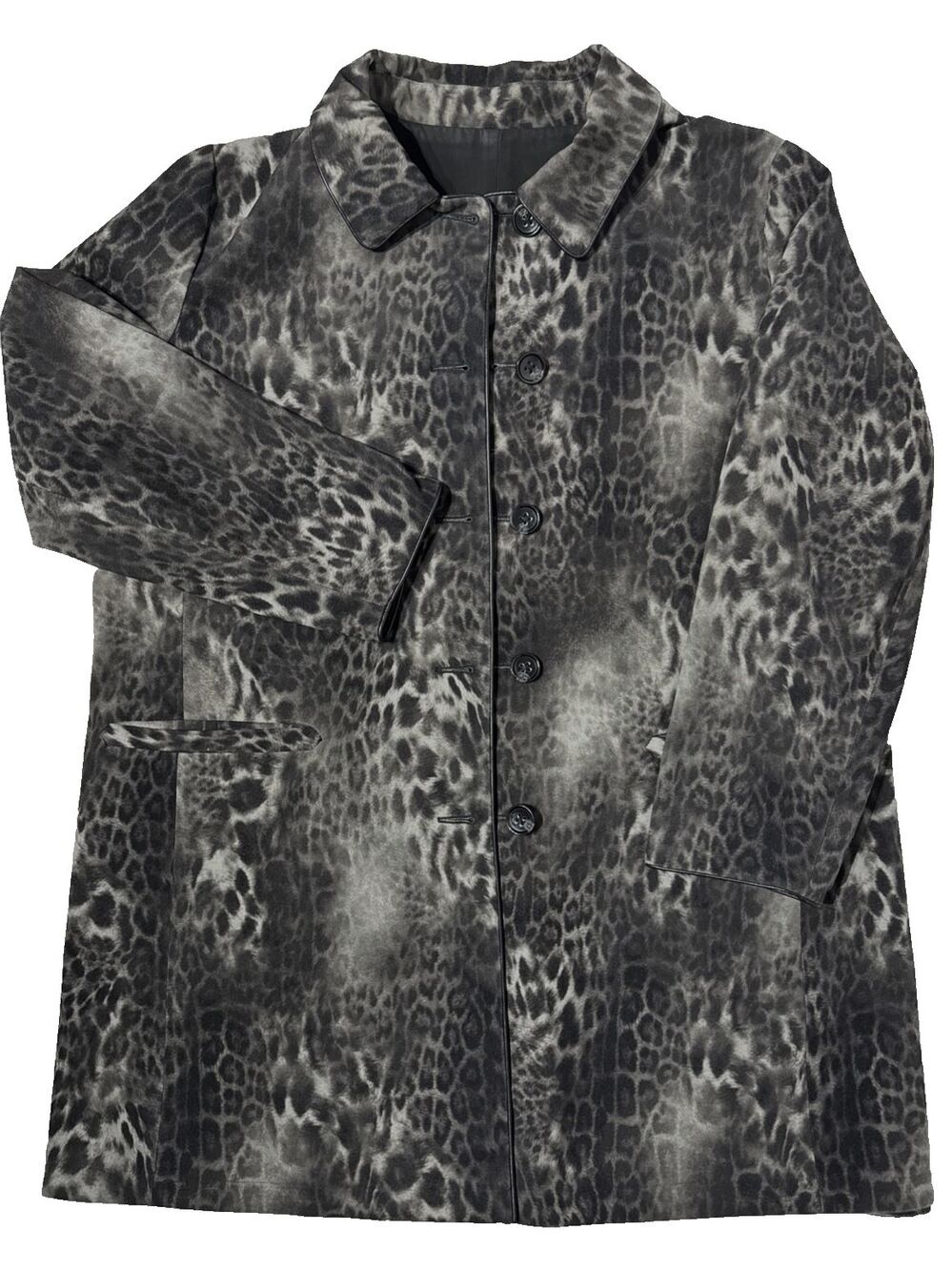 Jane Post Reversible Rain Coat Jacket Black Gray Leopard Print Women’s Size XL